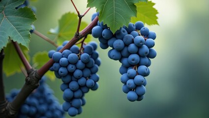 Blue wine grapes on branch with hazy background. By