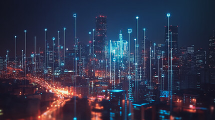 Fototapeta premium Smart digital Innovation city with connection network reciprocity over the cityscape. of future smart wireless digital city and social media networking systems that connects people with in city