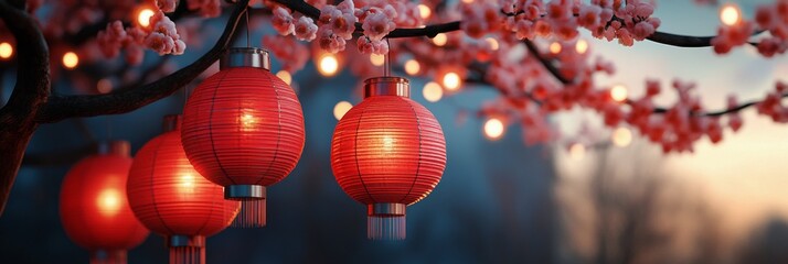 Obraz premium Colorful lanterns illuminate a blossoming cherry tree at dusk in a serene outdoor setting