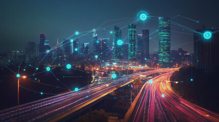 Smart digital Innovation city with connection network reciprocity over the cityscape. of future smart wireless digital city and social media networking systems that connects people with in city