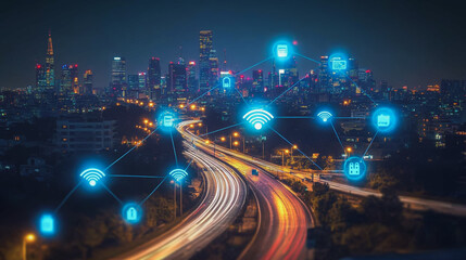 Smart digital Innovation city with connection network reciprocity over the cityscape. of future smart wireless digital city and social media networking systems that connects people with in city
