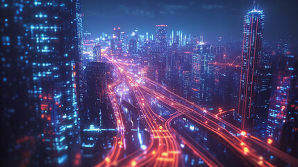 Fototapeta premium Smart digital Innovation city with connection network reciprocity over the cityscape. of future smart wireless digital city and social media networking systems that connects people with in city