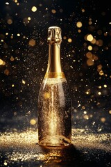 Sparkling champagne bottle with golden bokeh lights in celebration atmosphere