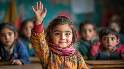 Fototapeta premium A vibrant student raising their hand in class, the rest of the children and desks softly blurred behind 