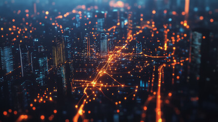 Obraz premium Smart digital Innovation city with connection network reciprocity over the cityscape. of future smart wireless digital city and social media networking systems that connects people with in city