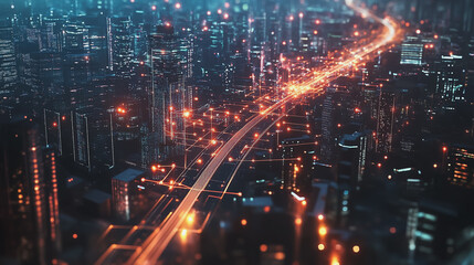 Fototapeta premium Smart digital Innovation city with connection network reciprocity over the cityscape. of future smart wireless digital city and social media networking systems that connects people with in city