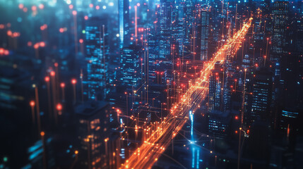 Fototapeta premium Smart digital Innovation city with connection network reciprocity over the cityscape. of future smart wireless digital city and social media networking systems that connects people with in city