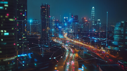 Fototapeta premium Smart digital Innovation city with connection network reciprocity over the cityscape. of future smart wireless digital city and social media networking systems that connects people with in city