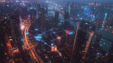 Fototapeta premium Smart digital Innovation city with connection network reciprocity over the cityscape. of future smart wireless digital city and social media networking systems that connects people with in city