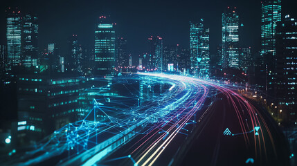 Fototapeta premium Smart digital Innovation city with connection network reciprocity over the cityscape. of future smart wireless digital city and social media networking systems that connects people with in city