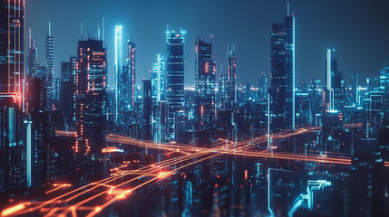 Fototapeta premium Smart digital Innovation city with connection network reciprocity over the cityscape. of future smart wireless digital city and social media networking systems that connects people with in city