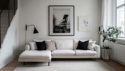 Modern Minimalist Living Room Interior Design with White Sofa and Black and White Decor