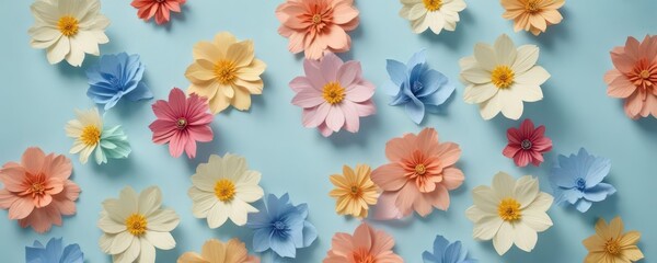 Delicate colourful handmade paper flowers on light blue background with subtle spacing and texture details,  garden decor ,  decorative,  paper