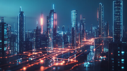 Fototapeta premium Smart digital Innovation city with connection network reciprocity over the cityscape. of future smart wireless digital city and social media networking systems that connects people with in city