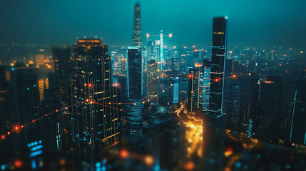 Obraz premium Smart digital Innovation city with connection network reciprocity over the cityscape. of future smart wireless digital city and social media networking systems that connects people with in city