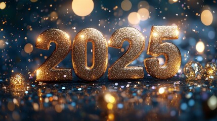 Sparkling celebration for New Year 2025 with vibrant lights and decorations