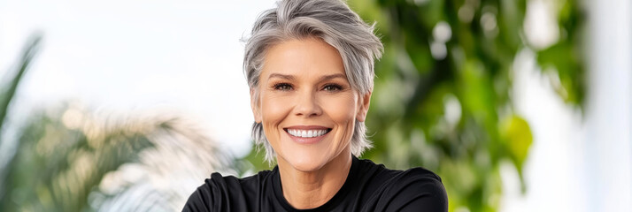 Smiling Woman in Black Shirt - A happy, confident woman with short gray hair smiles warmly.  She embodies success, strength, and vitality.  The image projects positivity and approachability.  She appe
