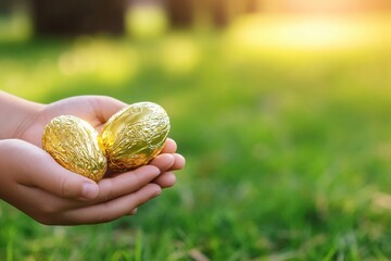 A closeup view shows hands holding shiny golden Easter eggs against vibrant green grass, capturing the joy of Easter celebrations and the delight of egg hunting this festive season
