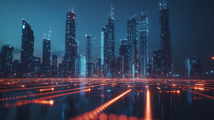Smart digital Innovation city with connection network reciprocity over the cityscape. of future smart wireless digital city and social media networking systems that connects people with in city