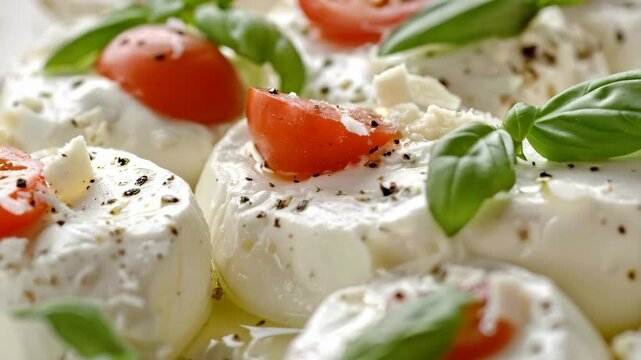 close up of mozzarella cheese balls with basil leaves