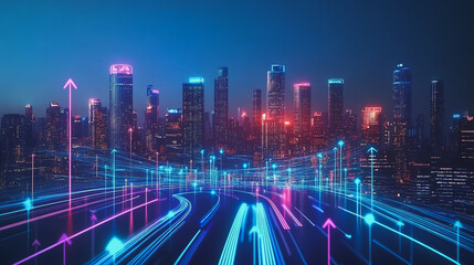 Smart digital Innovation city with connection network reciprocity over the cityscape. of future smart wireless digital city and social media networking systems that connects people with in city