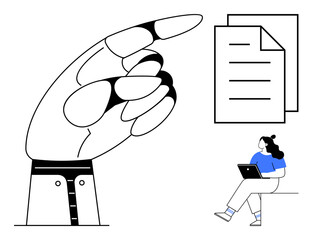 Giant hand pointing at stacked documents, woman sitting and working on laptop. Ideal for business presentations, workflow illustrations, project management, teamwork, decision-making, document