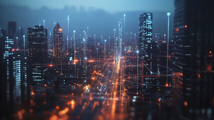 Fototapeta premium Smart digital Innovation city with connection network reciprocity over the cityscape. of future smart wireless digital city and social media networking systems that connects people with in city