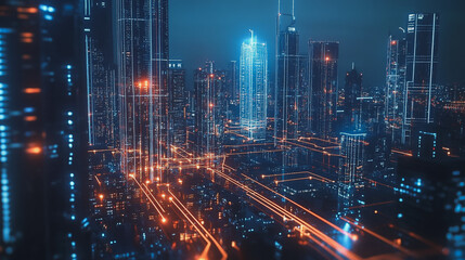 Naklejka premium Smart digital Innovation city with connection network reciprocity over the cityscape. of future smart wireless digital city and social media networking systems that connects people with in city