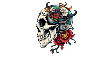 Fototapeta premium tattoo style skull with wings and flowers in bold colors representing freedom and beauty against a white background