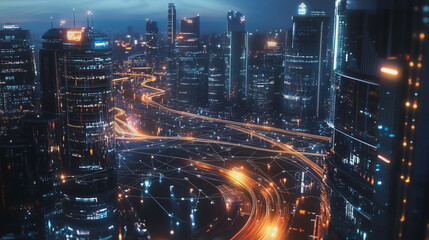 Fototapeta premium Smart digital Innovation city with connection network reciprocity over the cityscape. of future smart wireless digital city and social media networking systems that connects people with in city