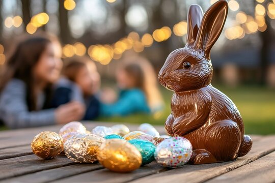 A festive Easter scene showcases a chocolaty bunny surrounded by colorful foilwrapped eggs, with cheerful children joyfully celebrating this special holiday in a softly blurred backdrop