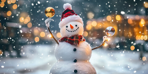 Fototapeta premium Snowman juggling Christmas ornaments under twinkling fairy lights in a snow-covered park during the holiday season. A fun and festive scene perfect for New Year celebrations.