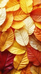 Obraz premium Vibrant Autumn Leaves Background in Red, Orange, Yellow Tones for Seasonal Fall Foliage Decor, Natural Texture, Nature Wallpaper, Autumn Aesthetic