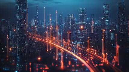 Fototapeta premium Smart digital Innovation city with connection network reciprocity over the cityscape. of future smart wireless digital city and social media networking systems that connects people with in city