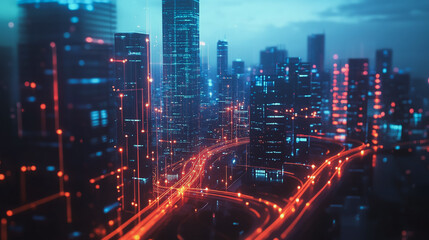 Fototapeta premium Smart digital Innovation city with connection network reciprocity over the cityscape. of future smart wireless digital city and social media networking systems that connects people with in city