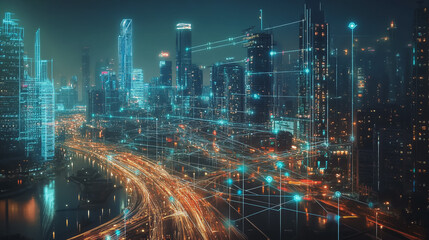 Naklejka premium Smart digital Innovation city with connection network reciprocity over the cityscape. of future smart wireless digital city and social media networking systems that connects people with in city