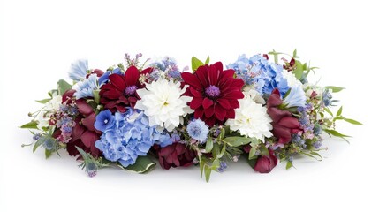 Vibrant Floral Arrangement Featuring Red, White, and Blue Flowers with Fresh Greenery on a White Background for Decorative Use in Various Settings