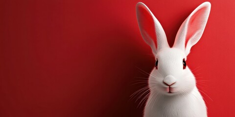 Obraz premium A charming white rabbit sits against a bright red background, embodying Easters joyful spirit with its curious expression and playful demeanor, delighting everyone and bringing smiles