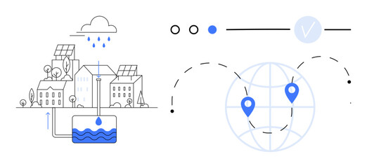Solar-panel buildings collecting rainwater in urban area next to interconnected global map with location markers. Ideal for smart city development, sustainable living, urban planning, environmental