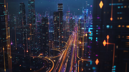 Fototapeta premium Smart digital Innovation city with connection network reciprocity over the cityscape. of future smart wireless digital city and social media networking systems that connects people with in city