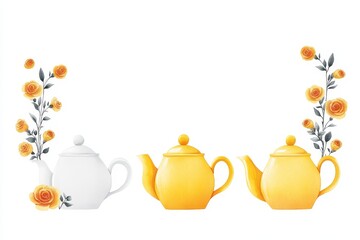 Tea Time Elegance: White and Yellow Teapots with Roses - Floral tea party, elegant teapots, yellow roses,  white teapot,  tranquil setting, delicate design.