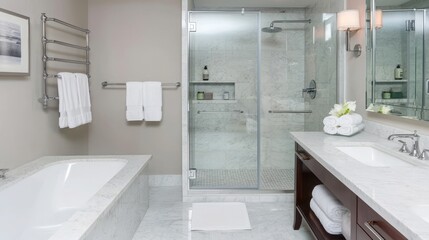 Elegant bathroom featuring a modern design with glass shower, soaking tub, and stylish decor for a relaxing atmosphere.