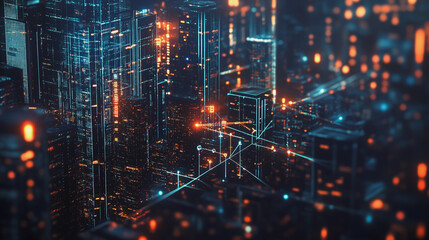 Smart digital Innovation city with connection network reciprocity over the cityscape. of future smart wireless digital city and social media networking systems that connects people with in city