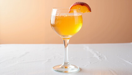Peach cocktail in glass with slice on a neutral background