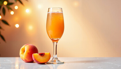 Peach beverage with fresh peach slices against a blurred background