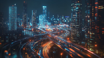 Fototapeta premium Smart digital Innovation city with connection network reciprocity over the cityscape. of future smart wireless digital city and social media networking systems that connects people with in city
