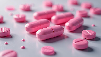 Closeup of Pink Pills and Capsules