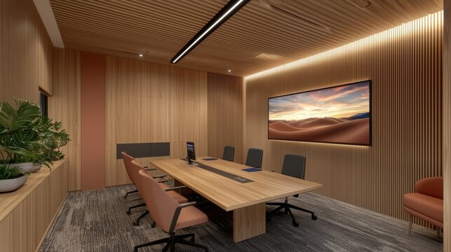 Modern conference room featuring a wooden design and comfortable seating, ideal for productive meetings and discussions.