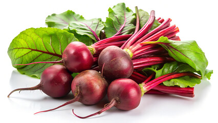 Fresh beetroots with green leaves on white background