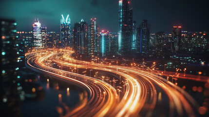 Fototapeta premium Smart digital Innovation city with connection network reciprocity over the cityscape. of future smart wireless digital city and social media networking systems that connects people with in city
